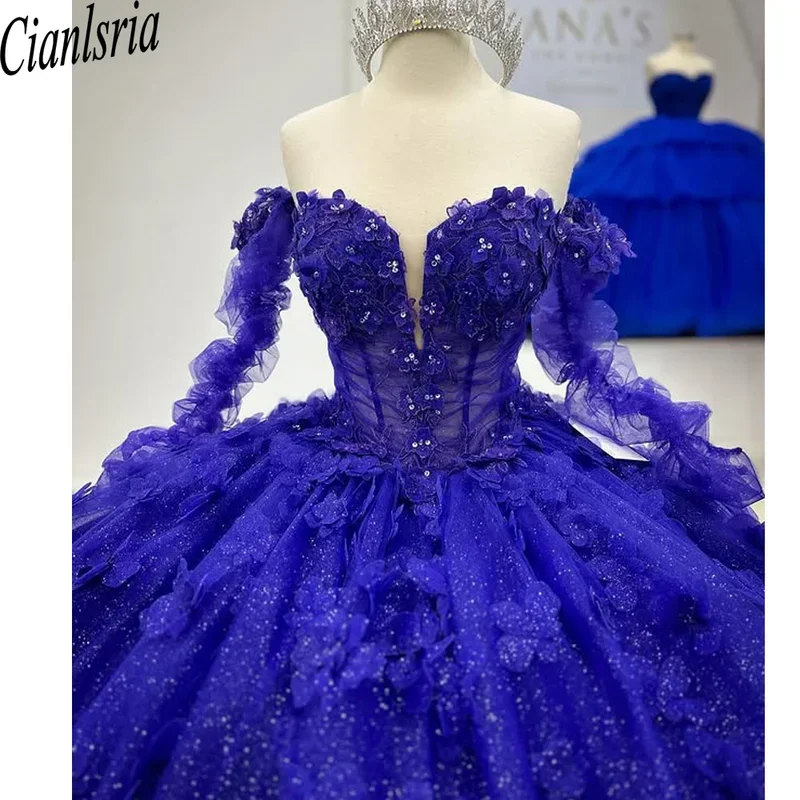 فساتين Quinceanera باللون الأزرق الملكي الأميرة الحلوة 16 سنة فتاة حفلة عيد ميلاد الخرز الدانتيل يزين Vestidos 15 De Quinceañera