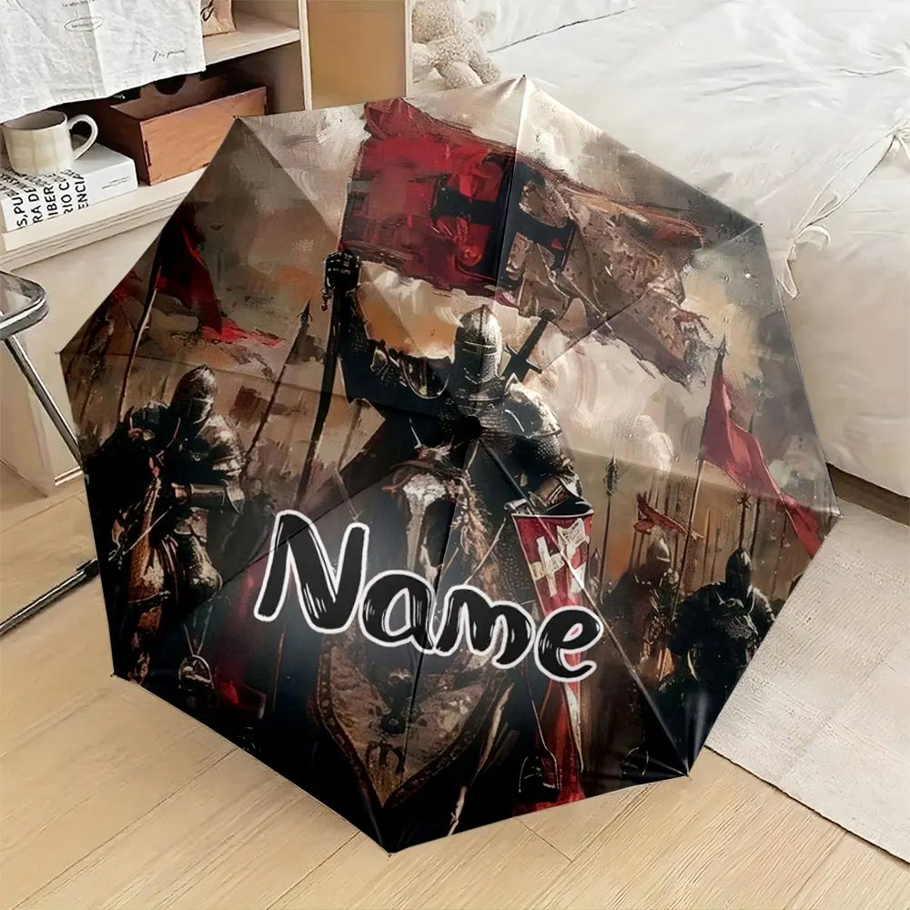 Paraguas con Nombre Personalizado, Diseño de Paraguas con Escena de Batalla de Caballeros Medievales y Banderas Cruzadas, Paraguas Plegable para Días Soleados y Lluviosos, Regalo