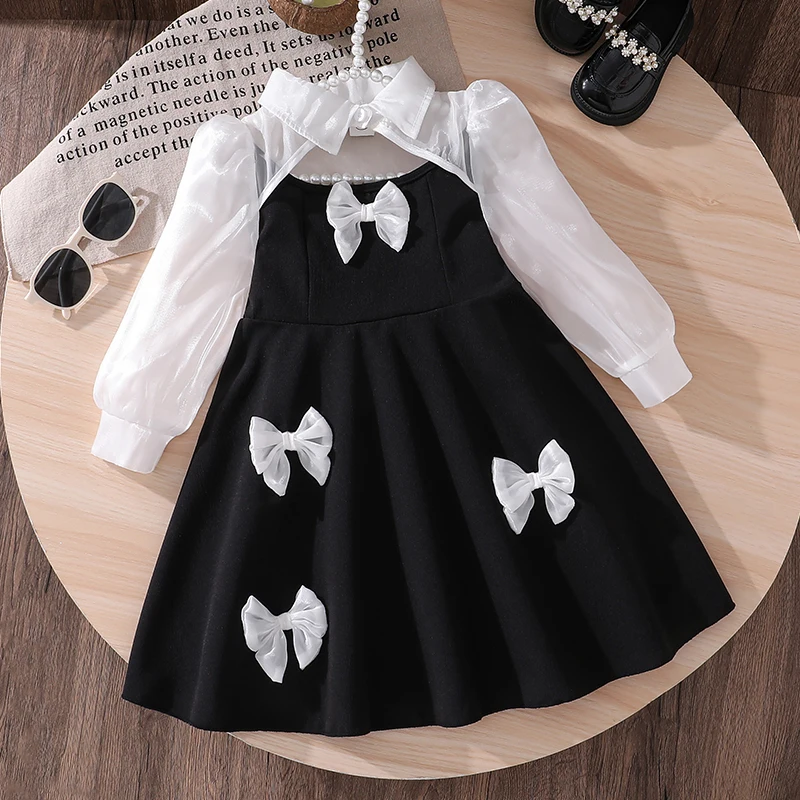 Elegant Black Knee-Length Dress for 4-7 Year Old Girls with Semi-Sheer Long Sleeves Lapel Panel Bow Detail Sweet And Stylish