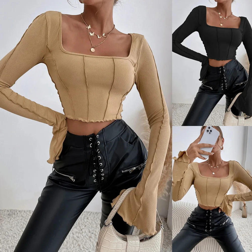 

Women's Long Sve Square Ne Knit Top T-irt Street Sle Pure Color Fit Body Design Polyester Fiber Autumn Winter T-irt