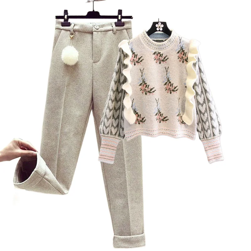 Jesienno-zimowa 2022 nadruk w stylu Vintage dzianinowy sweter Casual weลniane spodnie dwuczฤลciowy zestaw eleganckie spodnie dla kobiet zestaw