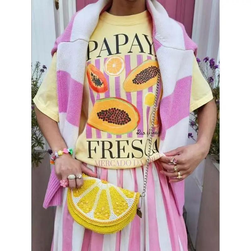 Sweet Fresh Fruit Papaya Print Summer American Retro Women's T-shirt Trend Y2k 2000s Gothic Large Size Short Sleeve Tshirt 2026