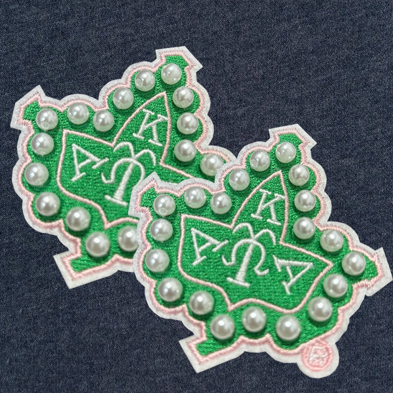 3D Pearls Ivy Shield Embroidered Sew on Patch ,AKA 1908 Sorority Pink and Green DIY patch for Jackets , hats