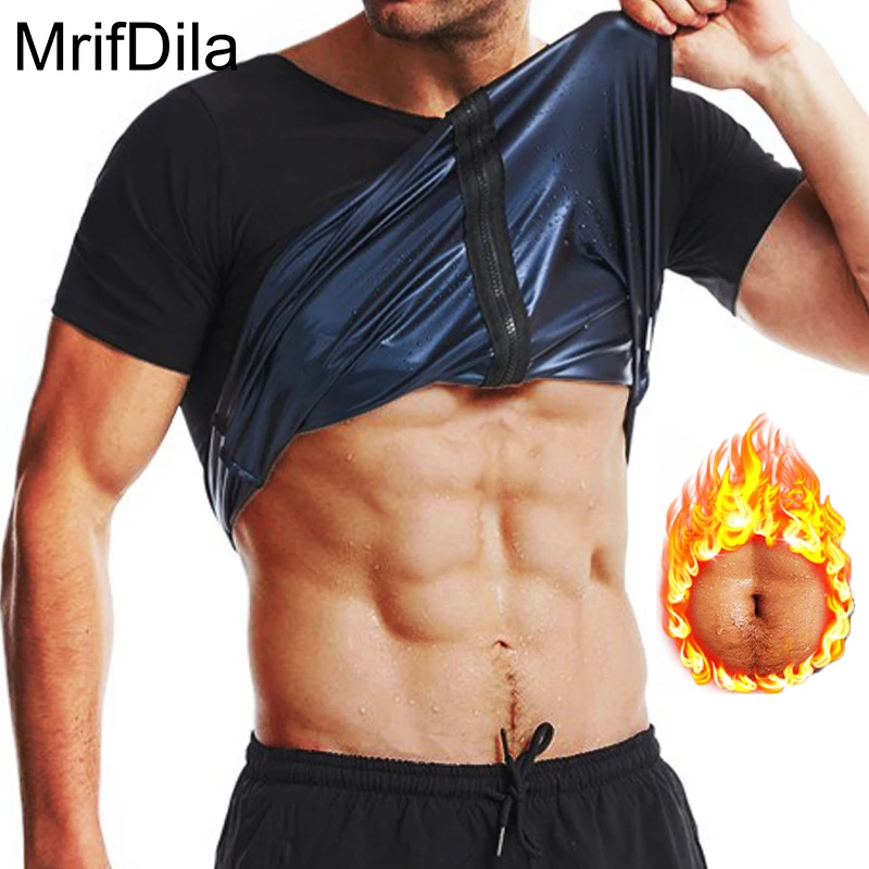 MrifDila Zipper Sauna Jacket Men's Short Sleeve 5 Times Sweat Corset Weight Loss Heat Trapping Suit Exercise Workout Body Shaper