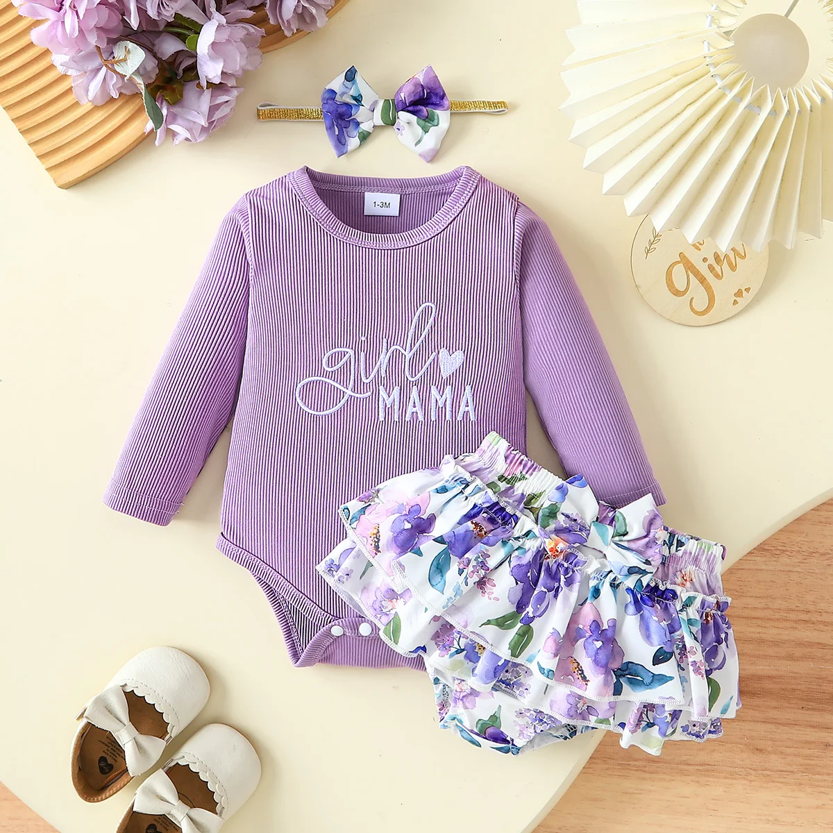 1-18 Months Newborn Baby Girl Outfit Purple Knit Romper Floral Ruffle Bloomer Bow Hairband Clothing Set