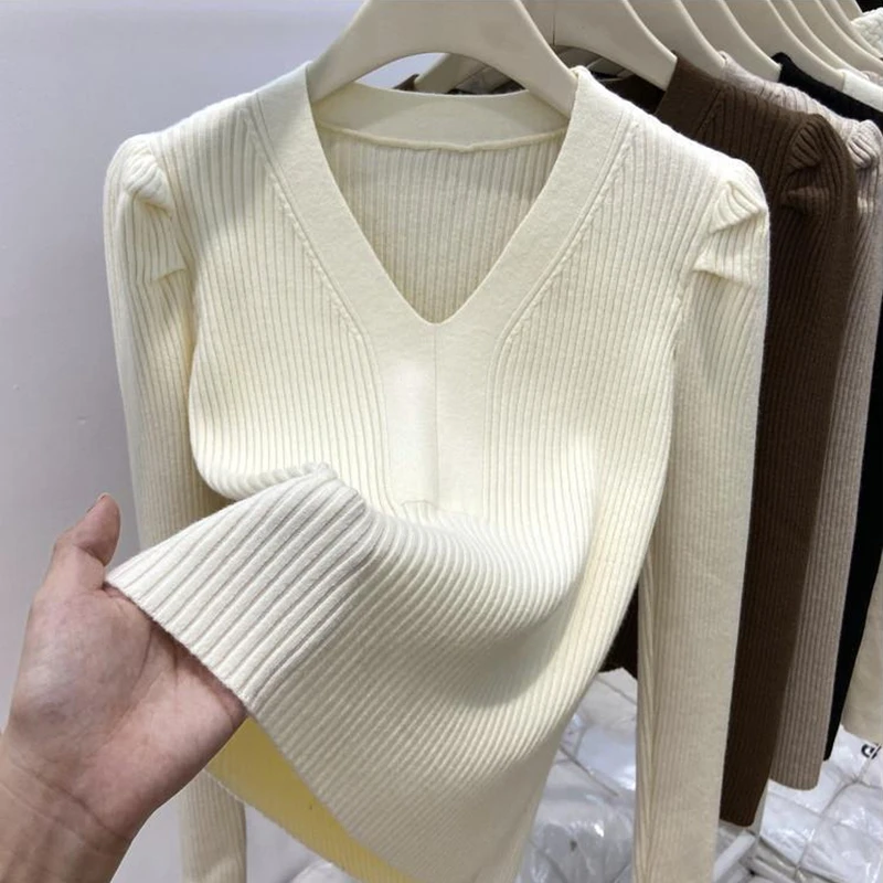 Elegant V Neck Winter Basics Sweater Women Pullovers Casual Long Sleeve Y2k Clothes Slim Knitwear Jumpers Knitted Black Tops