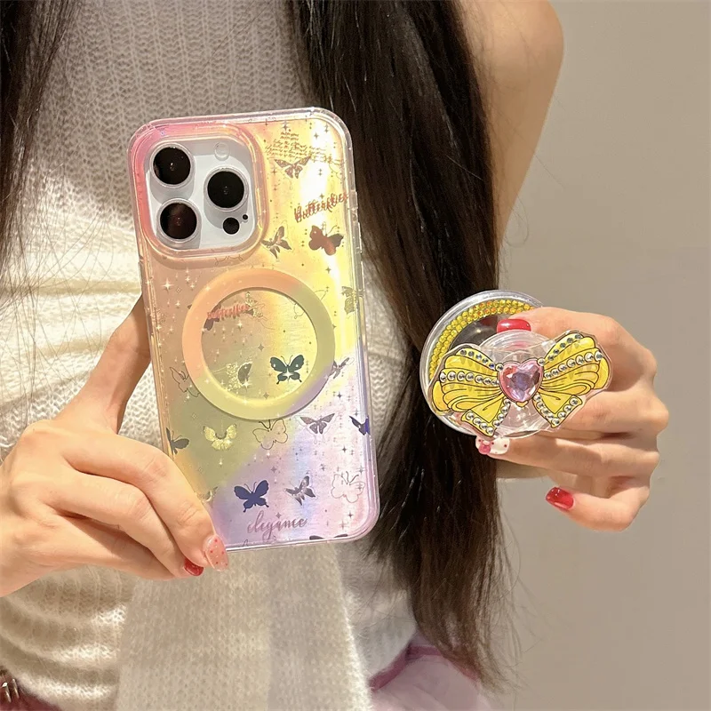 

Gradient Color Laser Butterfly Phone Case For iPhone 16 Pro 15 13 14 Pro Max Cover with Diamond Bow Stand for Magsafe Cute Funda