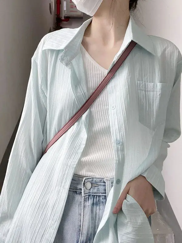 

Light Mint Green Textured Long Sleeve Shirt Women Lapel Pocket Loose Oversized Button Down Blouse