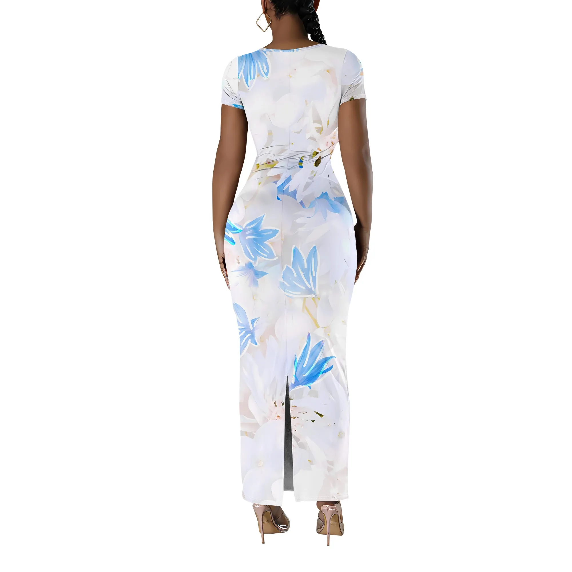 فستان ماكسي ضيق بطبعة زهور زرقاء أنيق كاجوال بأكمام قصيرة ملابس شاطئ صيفية