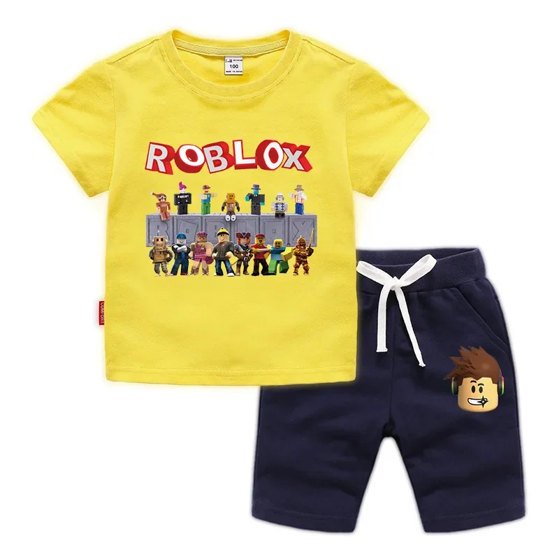 เกม Roblox เสื้อผ้ากางเกงขาสั้นแขนสั้นเสื้อยืดชุดเด็ก Homewear ชุดผ้าฝ้ายชุดนอนฤดูร้อนของขวัญวันเกิด