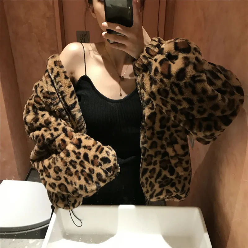 Jaqueta estampada de leopardo feminina, parkas quentes, gola alta, casacos soltos de pele sintética, outwear coreano feminino, outono, inverno, novo, 2022