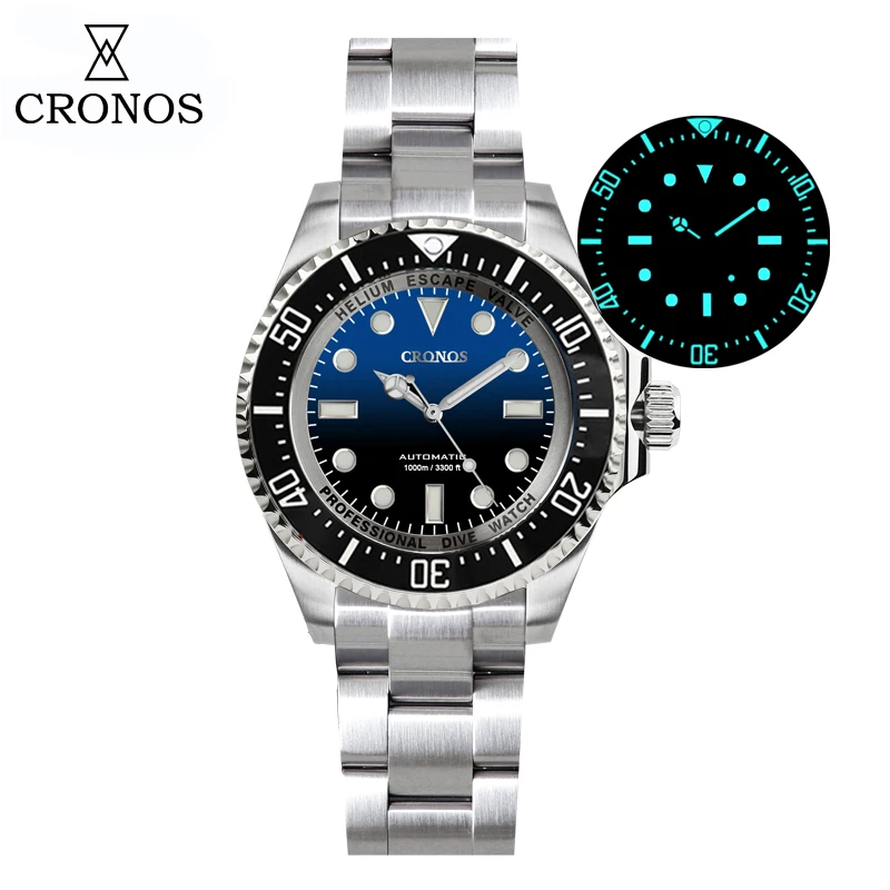 Cronos Automatic Diving Watch Stainless Steel 2000 Meters Water Resistance Professional Diver PT5000 SW200 L6027M