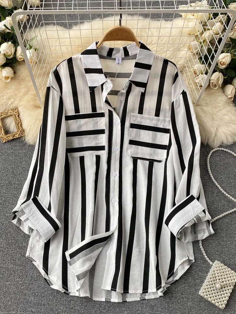 Hikigawa Chic Fashion Women Tops Turn Down Collar Long Sleeve Striped Casual Shirts Korean Versatile Female Blouses Blusas Mujer