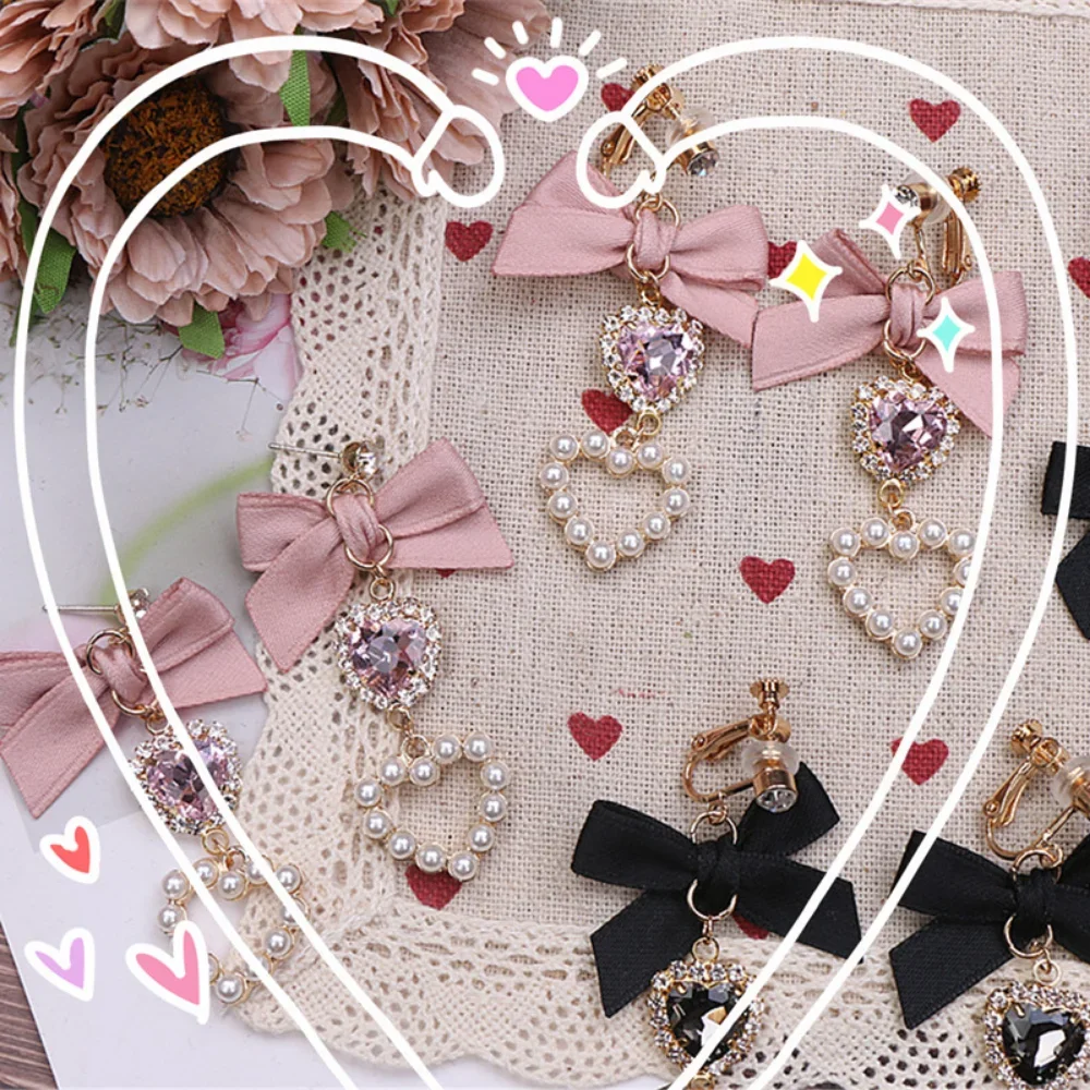 Japanese Style Lolita Sweet Bownot Rhinestone Pearl Heart Shaped Drop Earrings 925 Silver Pin Ear Clip Women Girls Earrings