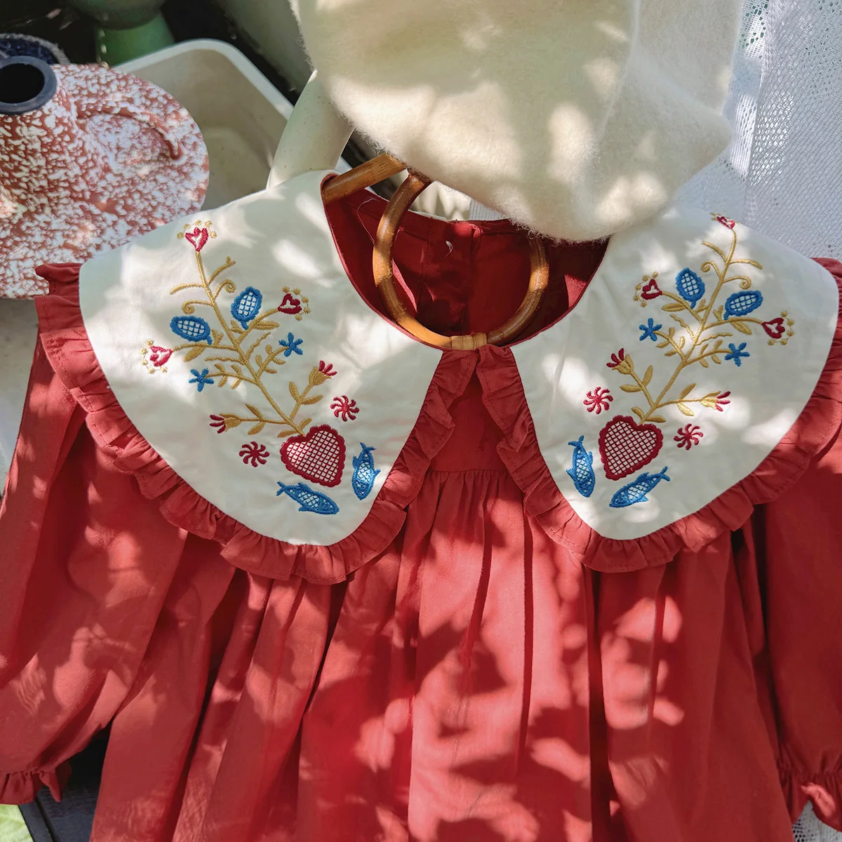 فستان بناتي مطرز بياقة الدمية فستان بناتي لخريف وربيع 2025 فستان عيد ميلاد كبير أحمر للأطفال بأكمام طويلة فستان الأميرة للفتيات #3