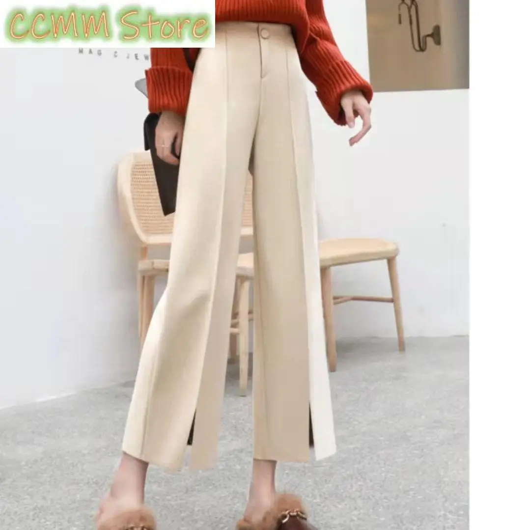 

New Loribindwood Woolen Pants Women Autumn Winter Slit Nine Points High Waist Slim Casual Loose Thick Straight Leg Pants