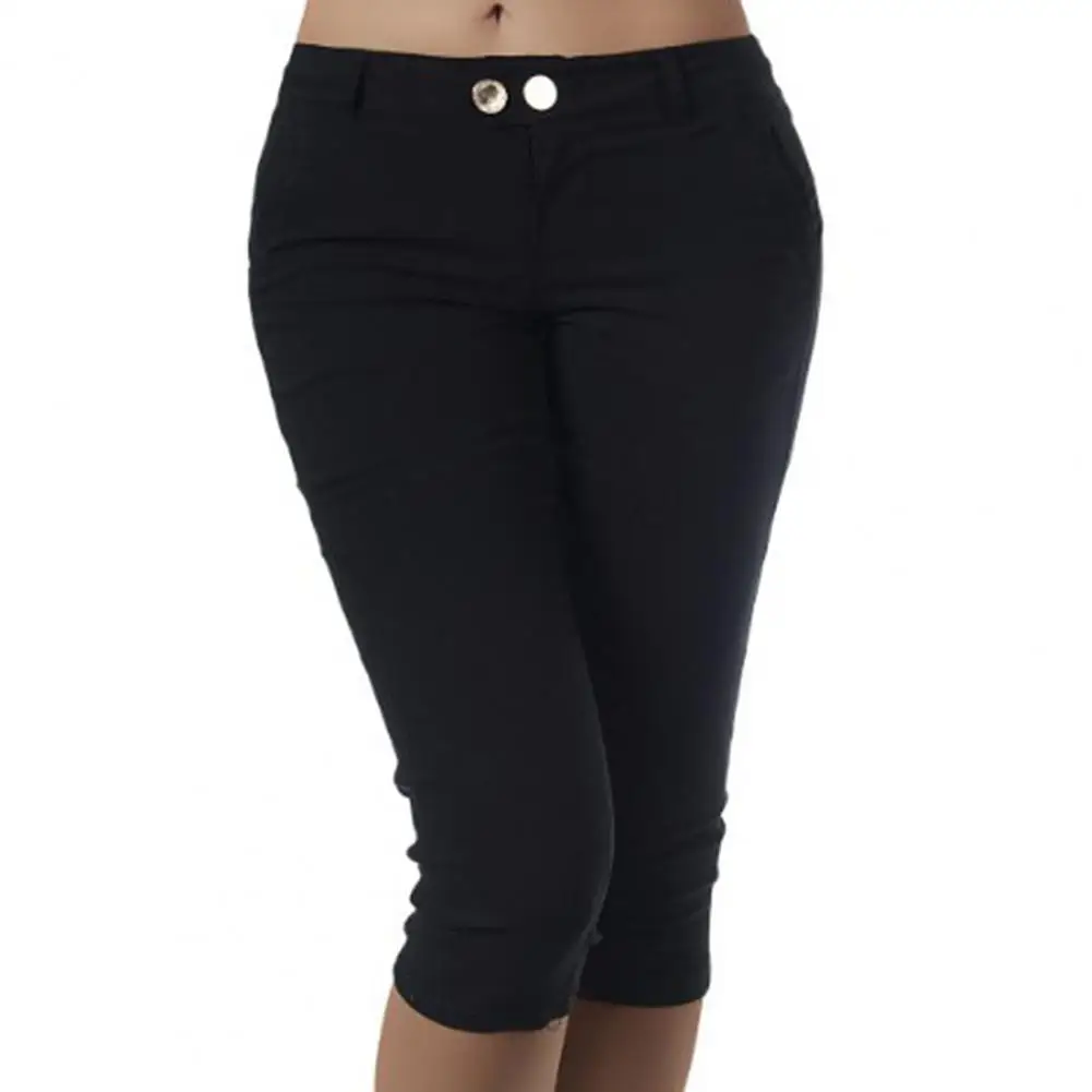 M 4XL Women Pencil Pants Solid Color Pocket Button Skinny Calf Length Summer Slim fitting Stretchy Ladies Pants