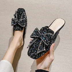 2023 Bow-Wrapped Women Half Slipper with Sequins Flat Casual Sandals Women's Muller Shoes Large Size QC1225-5