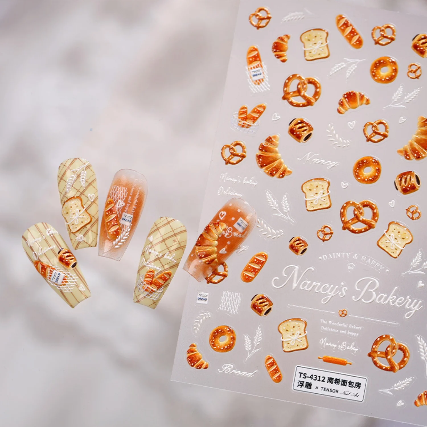 Baking Bread Croissant Baguette Pretzel 5D Nail Stickers Embossed Wheat Ear Heart Decals Warm Pastoral Snack Self Adhesive DIY