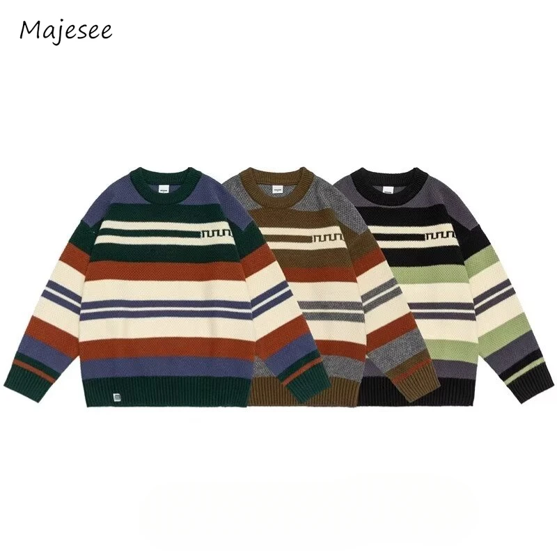 

Striped Sweaters Men Slouchy Harajuku American Reteocontrast Color All-match Teenagers High Street Knitted Pullovers Autumn Chic