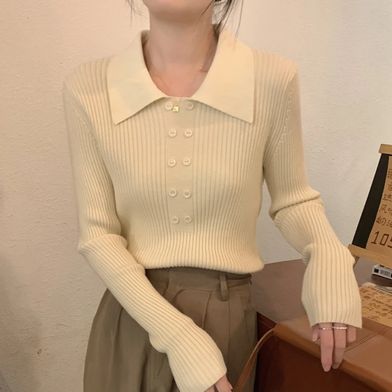 턴 다운 칼라 리브 풀오버 스웨터 여성 가을 ​​겨울 슬림 긴 소매 부드러운 따뜻한 스웨터 숙녀 니트 탑