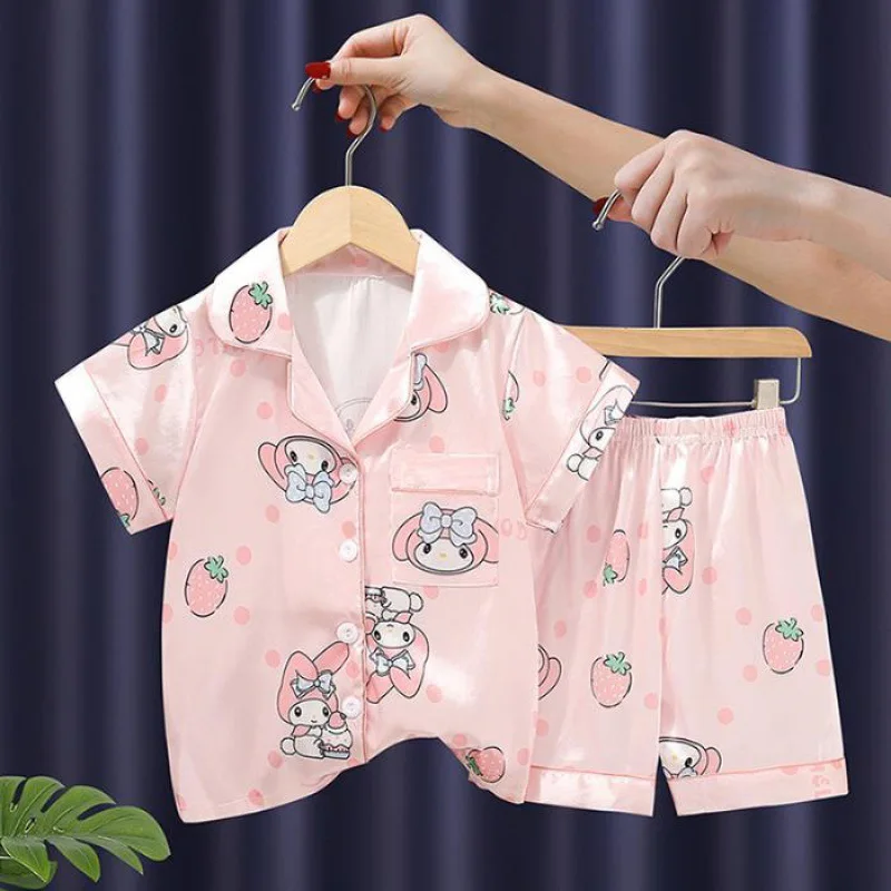 Children's Ice Silk Pajamas Set Girls Sanrio Hello Kitty Cartoon Turn-down Collar Short Sleeve Top + Shorts 2Pcs Kids Nightwear