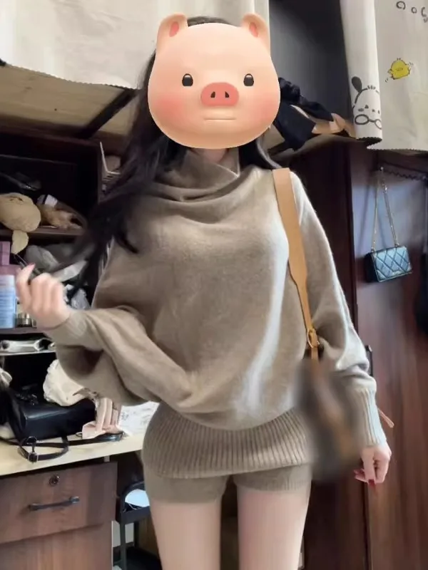 

Retro Unique Knitted Sweater Shorts Set High Waist Comfortable Fit Casual Outfit Spring Fashion Two-Piece Ensemble