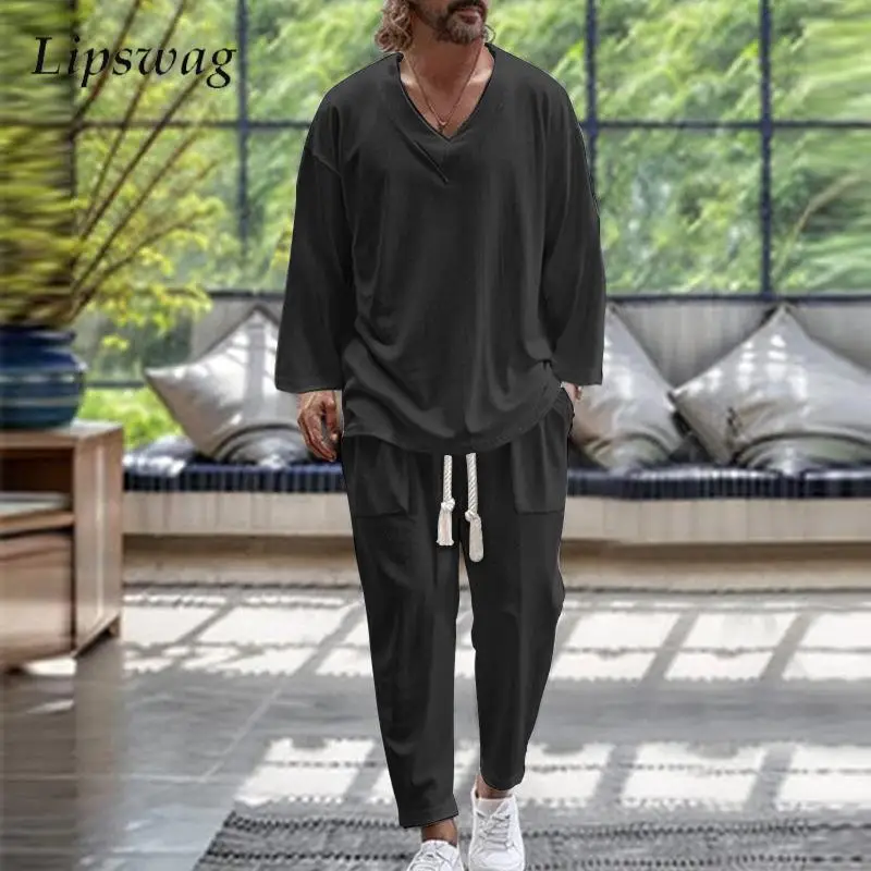 New Casual Solid Color Loose Outfits Men Autumn Long Sleeve V Neck Tops And Drawstring Pants Two Piece Suits Mens Fashion Sets