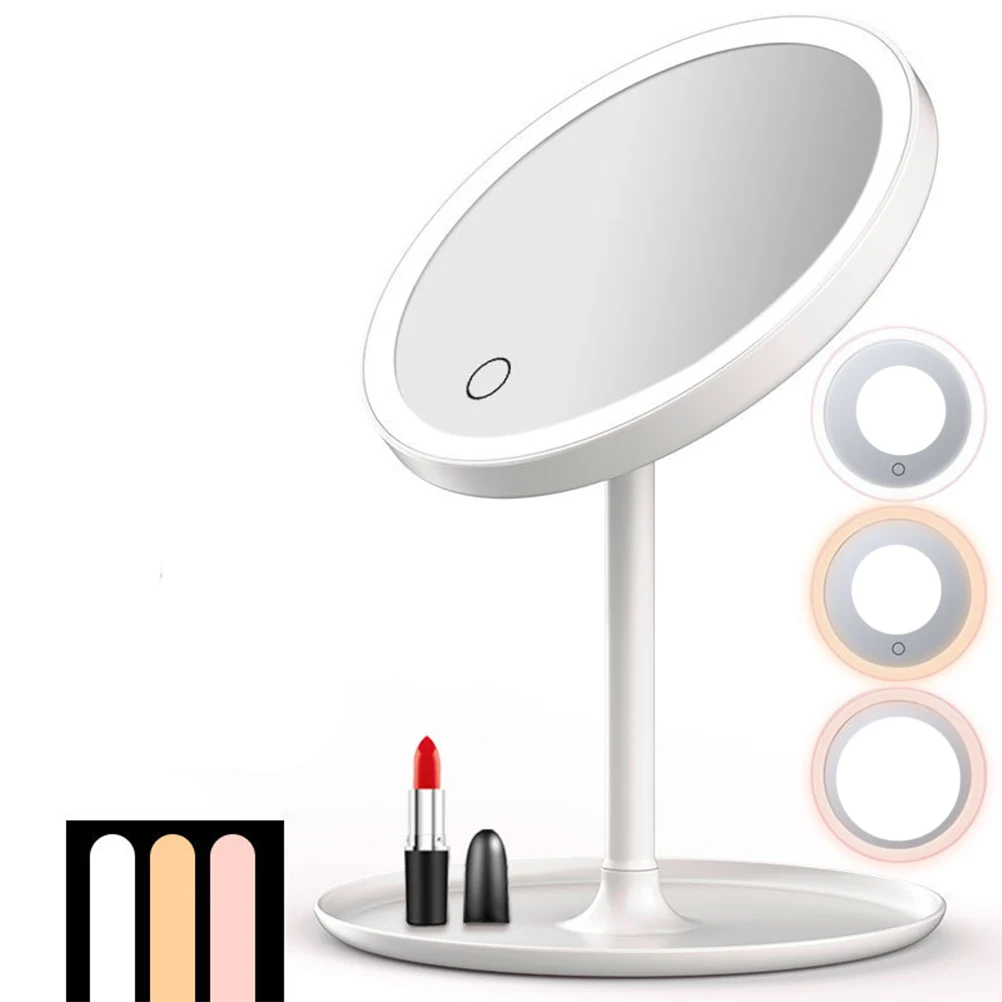 LED Desktop Makeup Mirror Rechargeable USB Charging Three Color Light Stylish Mirror with Storage Tray for Bedroom