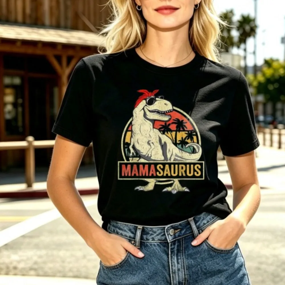 New Mamasaurus Dinosaur Graphic TShirt Women Vintage Retro Cotton Short Sleeve Crew Neck Casual Summer Streetwear Daily Top Gift