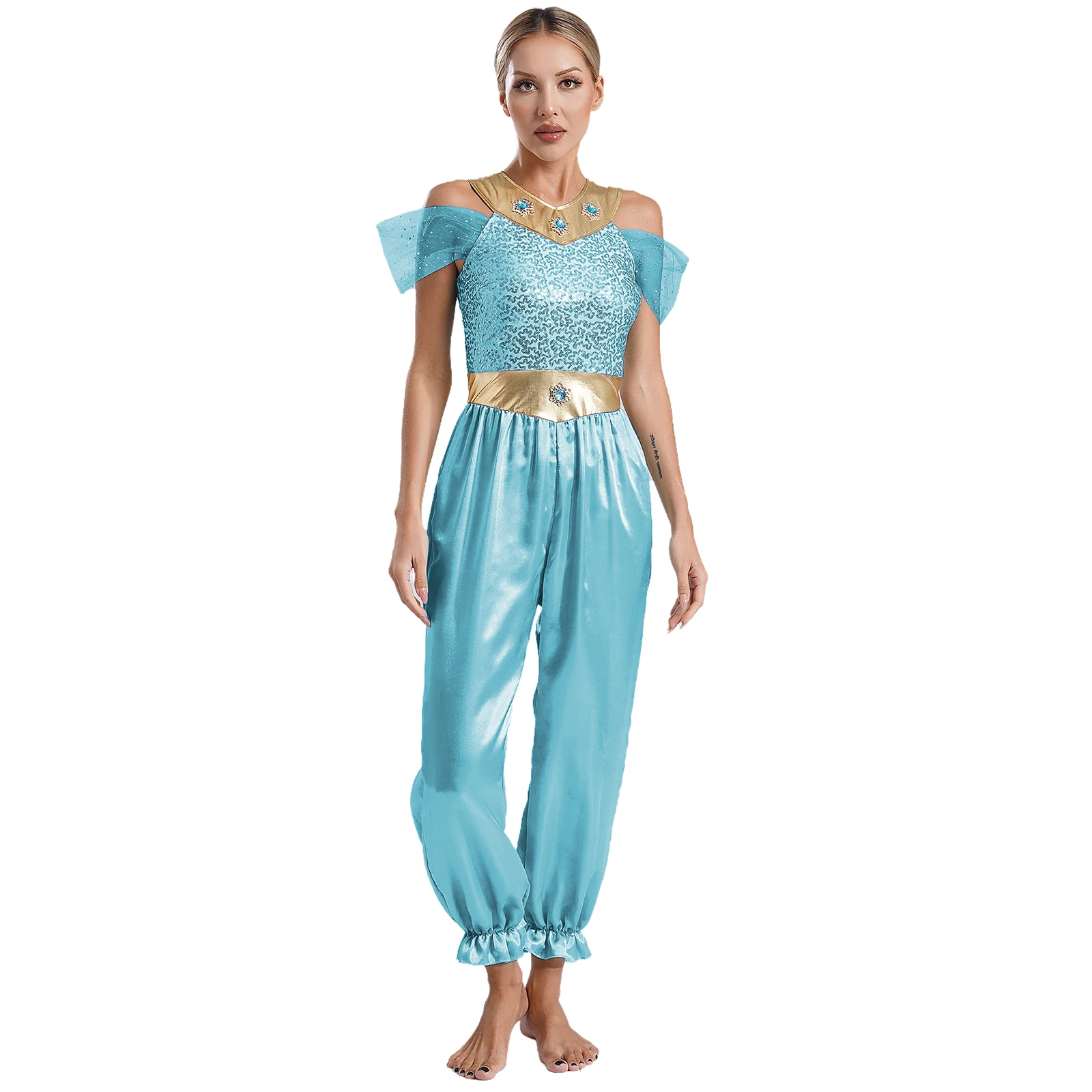 Women Arabian Princess Dresses Halloween Costume Carnival Theme Party Role Play Sequins Jumpsuit Pageant Outfit Belly Dance Wear