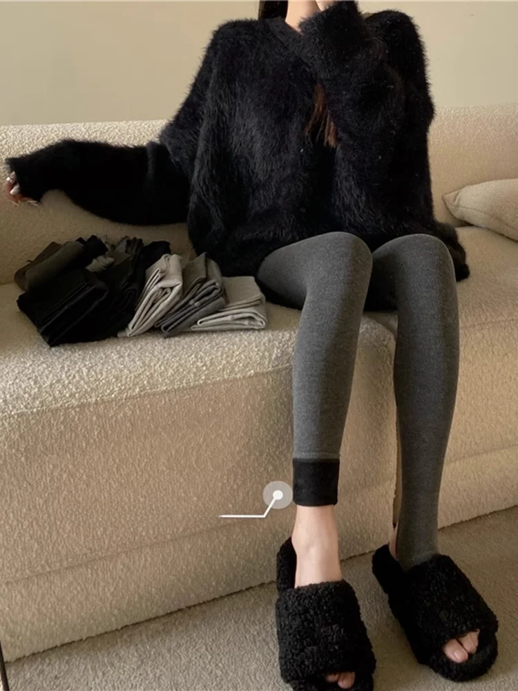 Women's Mid-Thick Fleece Lined Leggings Spring Autumn Winter Grey Ankle-Length Footed Tights Warm Pants Base Layer Trousers