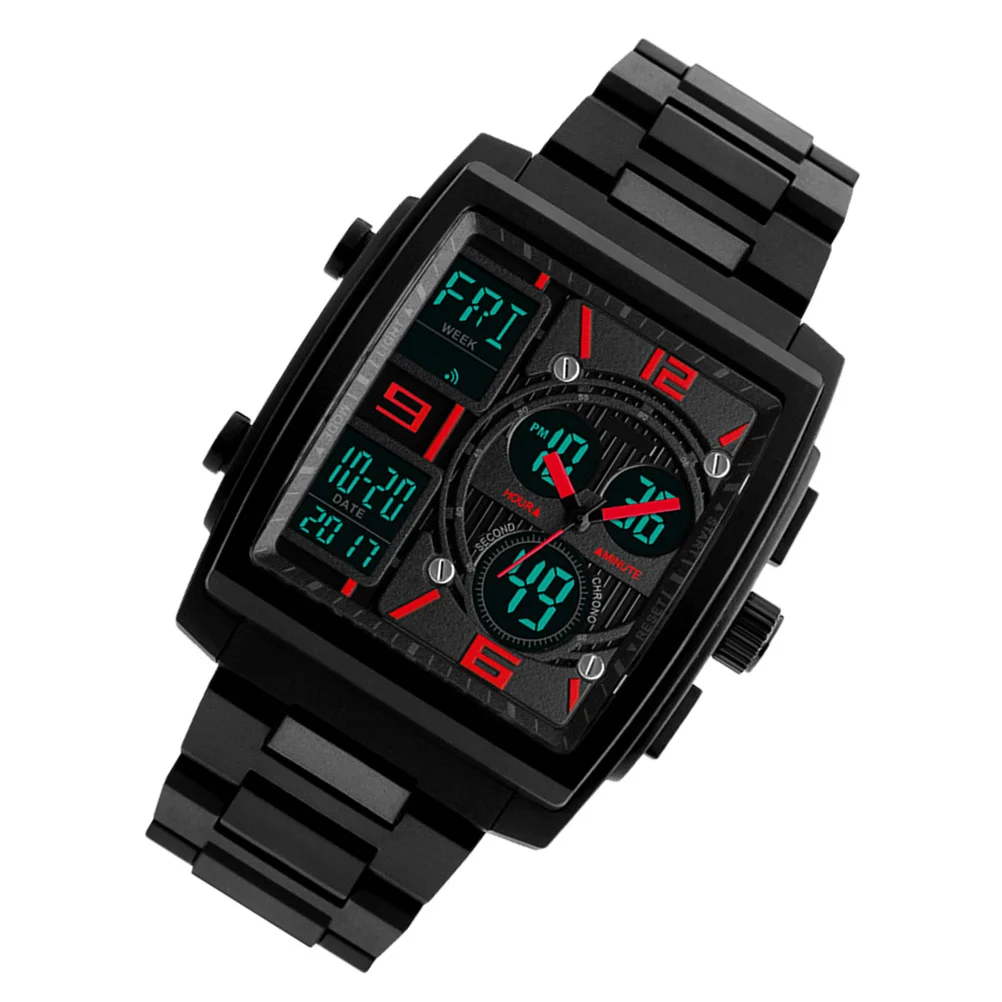 

Outdoor Sports Watch Men'S Large Square Military Waterproof Analog Digital Display El Backlight 50M Swimming Pu Rubber Band