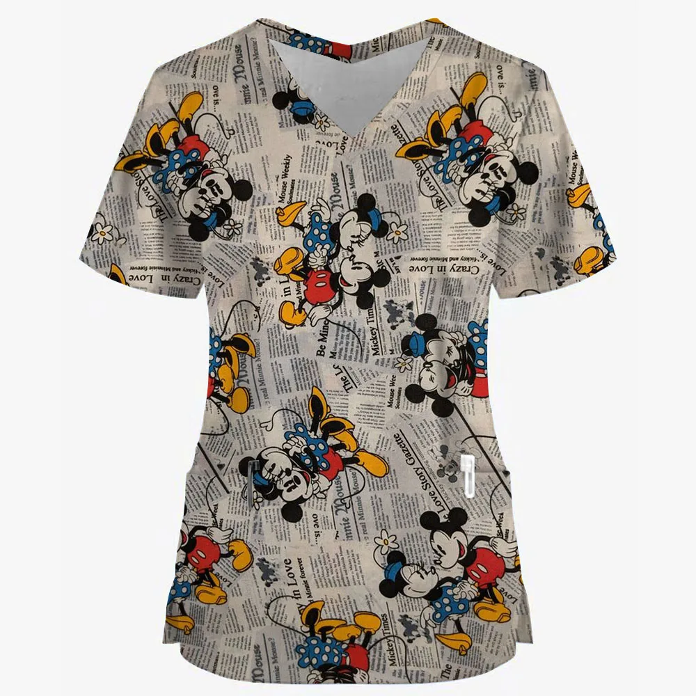 Summer Nurse Uniform Disney Mickey Mouse Print Pattern Dentist Beauty Salon Pet Shop Work Clothing V Neck Pocket T-Shirt Tops