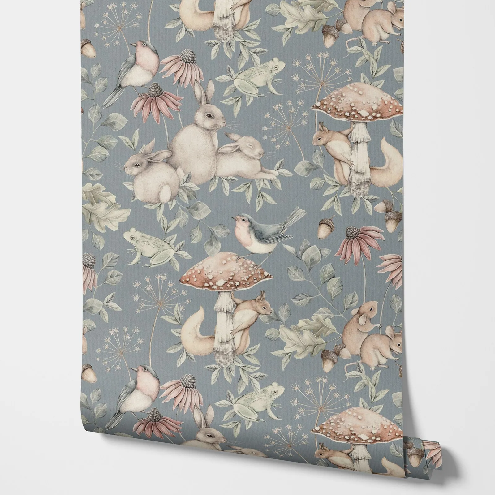 Minou Magic fairytale landscape wallpaper for Kids with squirrels, robins, wood mice and rabbits in blue back
