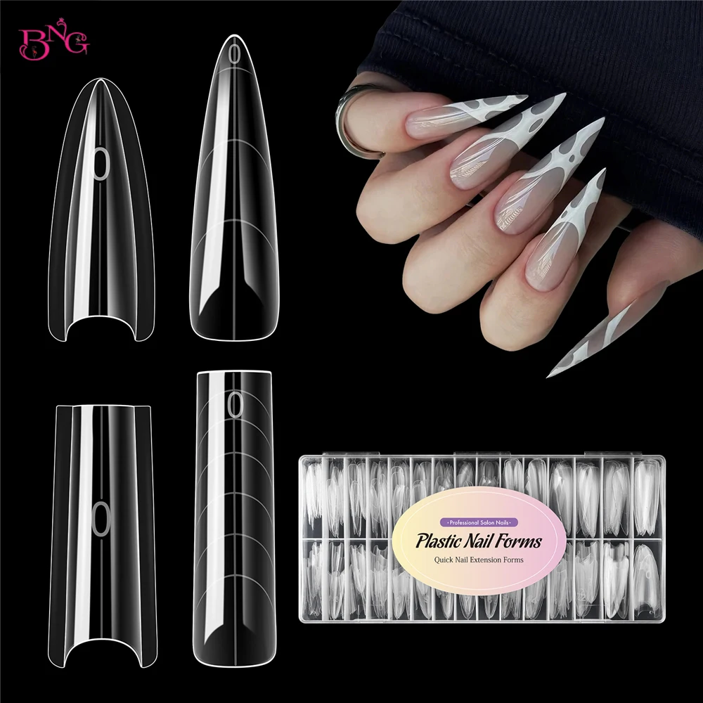 BNG 240pcs Sandwich Dual Forms Square Stiletto Reusable Full Cover Tips Mold Clear Nail Extension Molds Manicure Tools