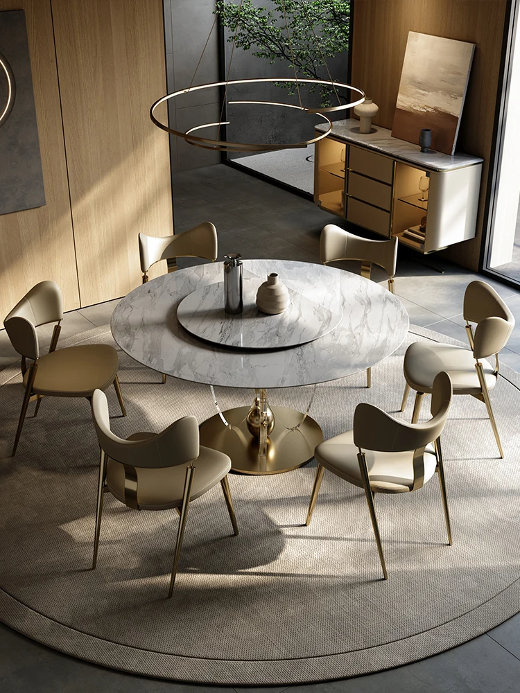 Light Luxury Natural Marble Dining Tables and Chairs Set Villa Rotating round Dining Table with Turntable