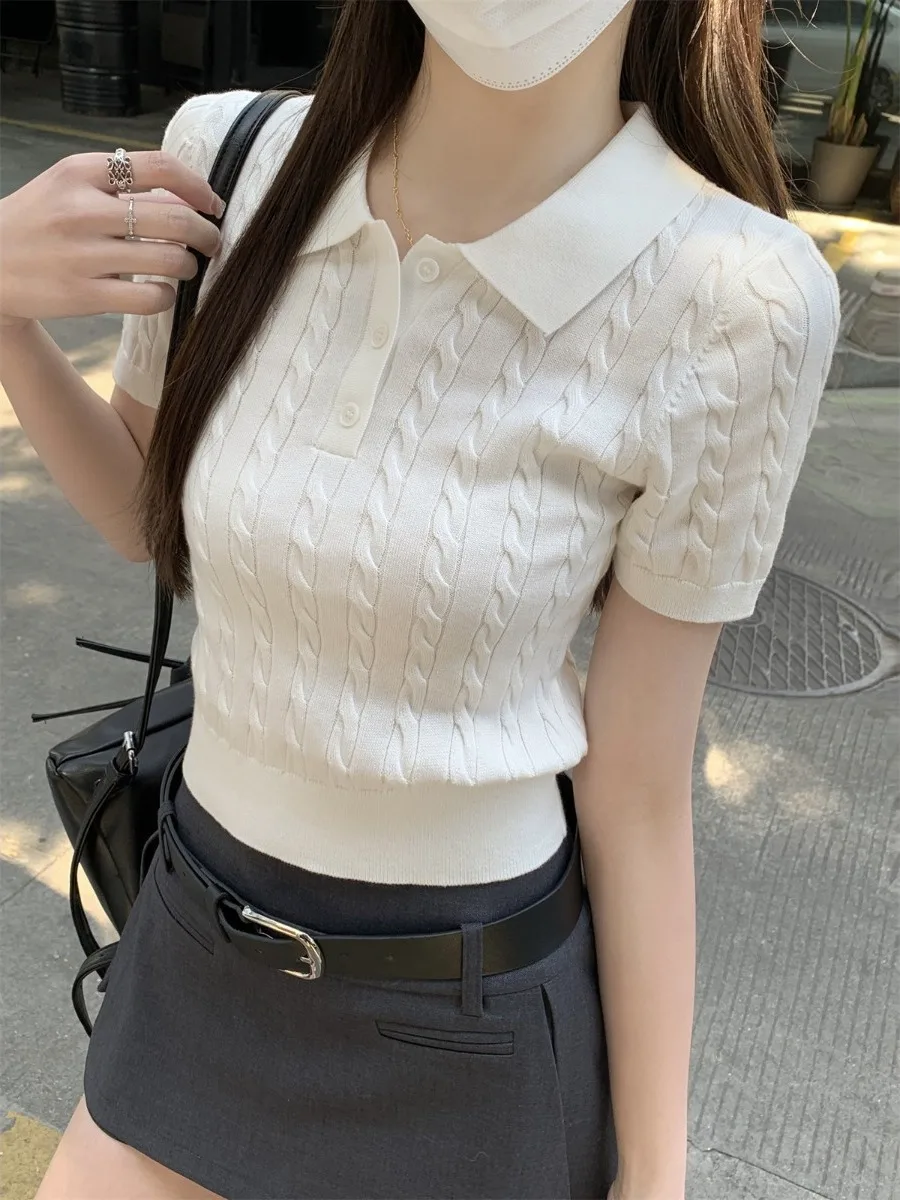

Retro Collar Button Short Sleeve T-Shirt Women Summer Anti-Aging Slim Fit Short Style Turn Collar Top Knitted Regular Sl...
