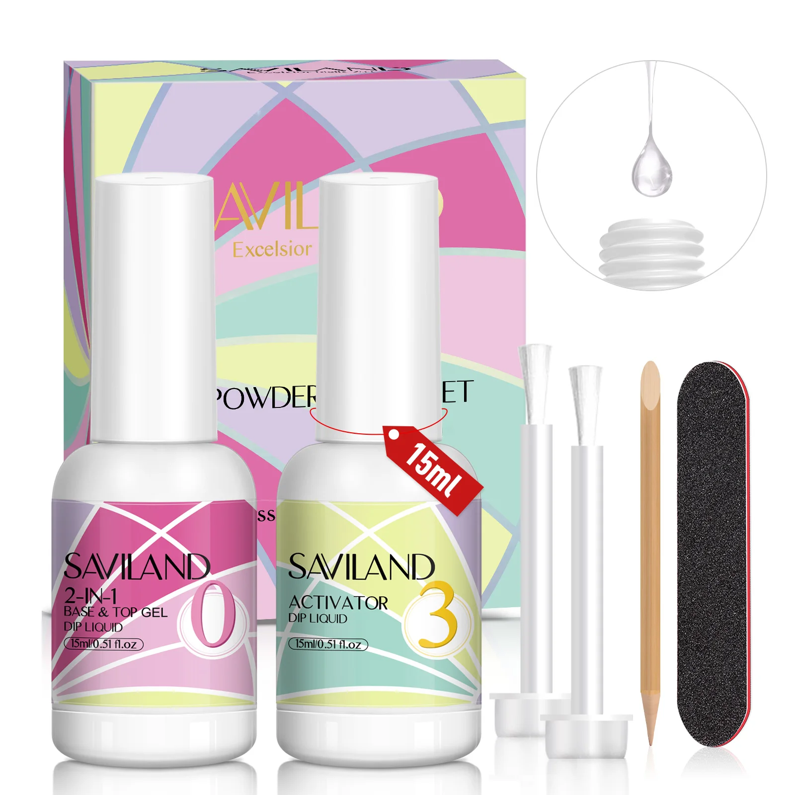 Saviland Dip Powder Liquid Set 2 in 1 Dipping Powder System with Base and Top Coat with Dip Powder Activator Fast Air Dry