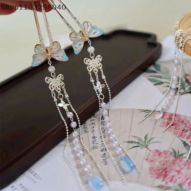 Elegante forcina a farfalla vintage da donna, bastoncino per capelli in stile cinese con nappa, bellissimo accessorio ispirato all'antichità
