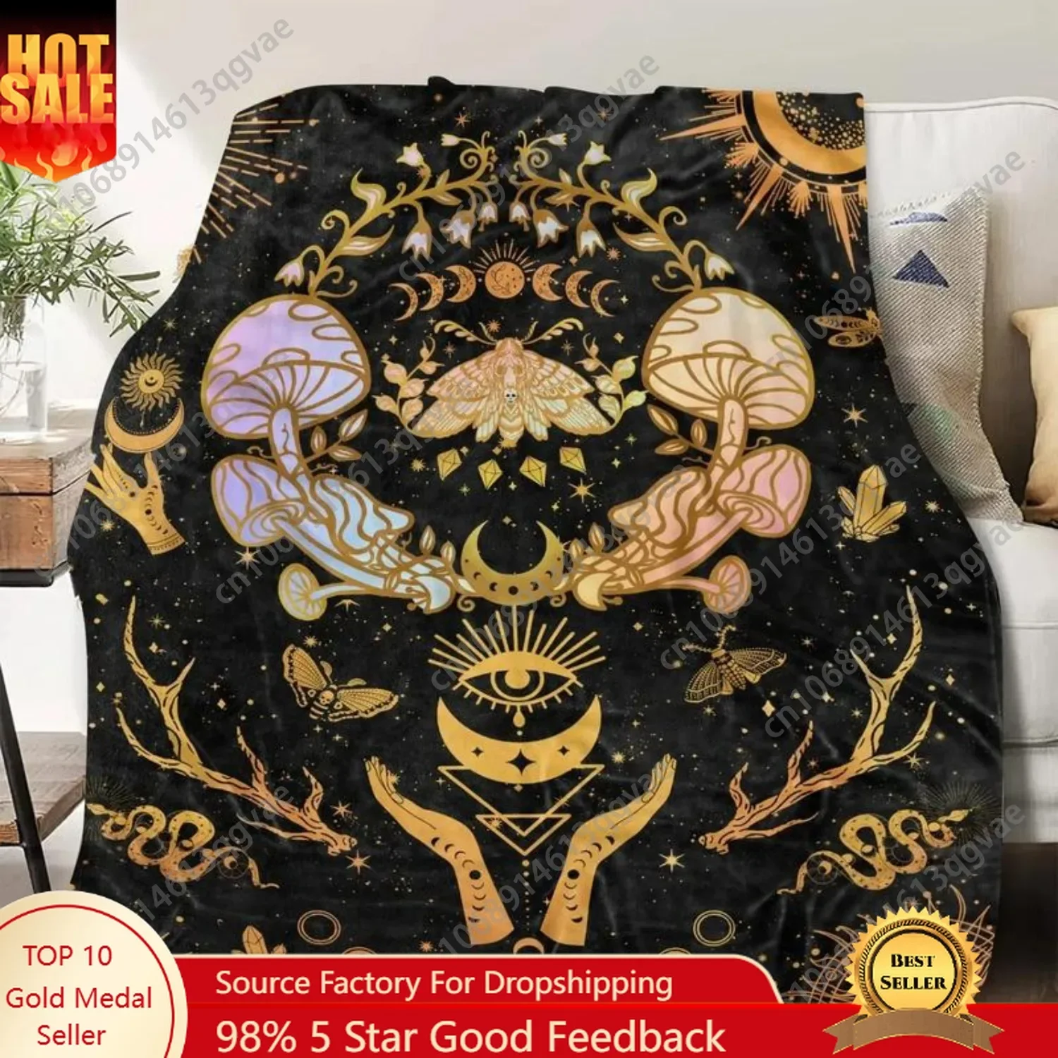 Mystical Moon Magic Throw Blanket Witchy Mushroom Moth Pattern on Soft Flannel This Hippie Gothic Design Creates Cozy Vibes
