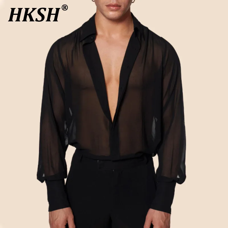 

HKSH Summer New Men's Tide Black Thin Perspective Shirt European Size Breathable Casual Tops Night Show Mesh Chic Shirts HK1402