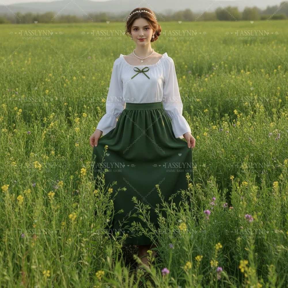 Women European Renaissance Peasant Outfit, Flare Sleeve Frill Hem Maxi Skirt Cottagecore Daily Cosplay Costume view 3