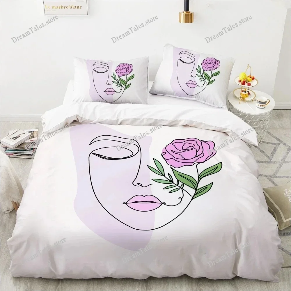Nordic Simple Continuous Line Drawing King Queen Duvet Cover ArtPainting Bedding Set Abstract Stick Figure Polyester Quilt Cover
