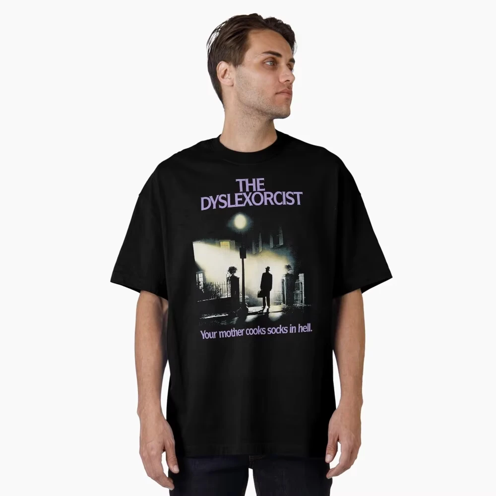 2026 The Dyslexorcist T-Shirt Men Summer Funny Horror Parody Graphic Short Sleeve Oversized Streetwear Lo