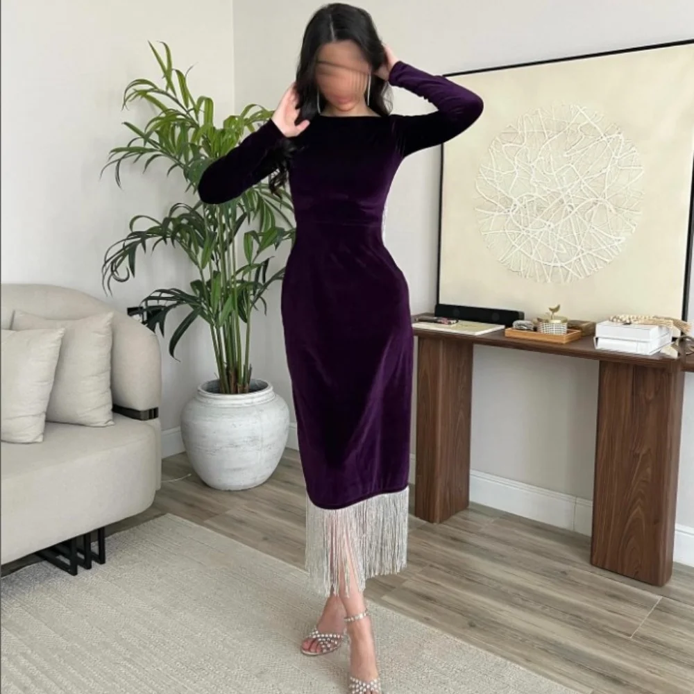 Customized Straight Velvet Backless Bespoke Occasion Dresses Tassel Tea-Length Prom Gowns Long Sleeve Evening Dresses