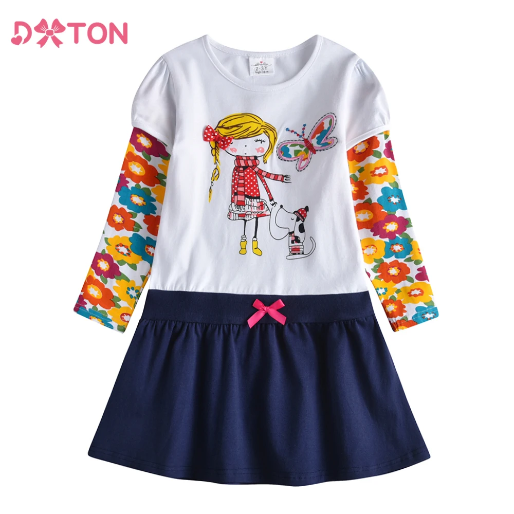 DXTON Baby Girl Flower Dress Long Sleeve Winter Butterfly Print Dresses for Girls Patchwork Children Cotton Clothing  2-8 Years