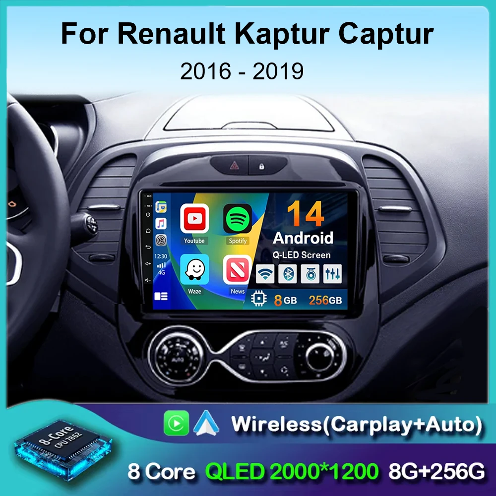 Android 14 Carplay Car Radio For Renault Kaptur Captur 2016 2017 2018 2019 Multimedia Video Player GPS Navigation WiFi+4G 2 Din