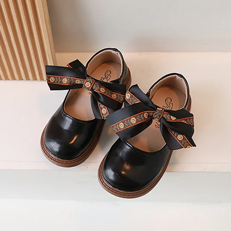 Kids Fashion Britain Style Girls Leather Shoes Satin Bow 2023 Children Brown Round-toe PU Simple Non-slip Round-toe Loafers PU