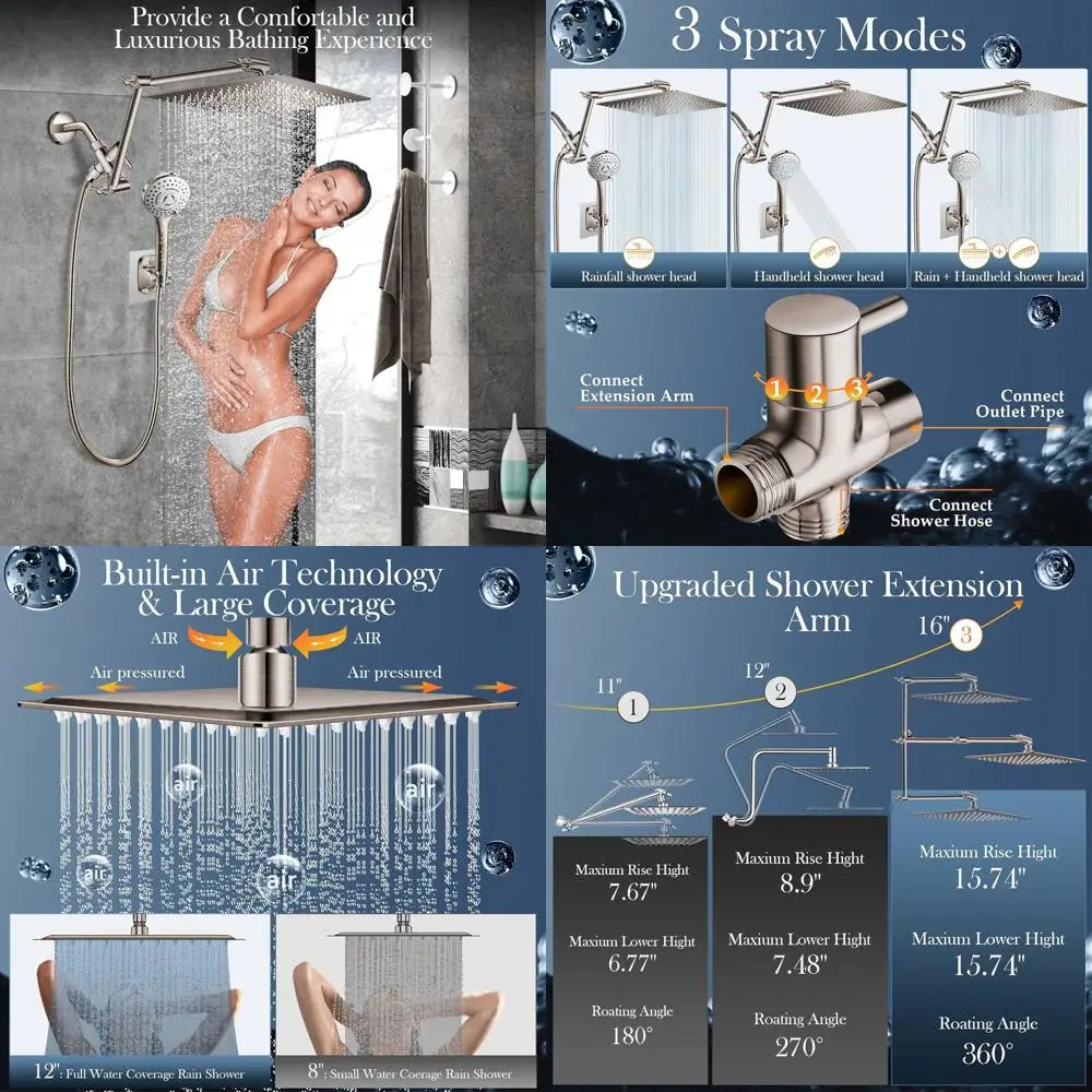 

12 Rainfall Shower Combo with 16 Adjustable Arm and 5-Setting Handheld Shower in Nickel